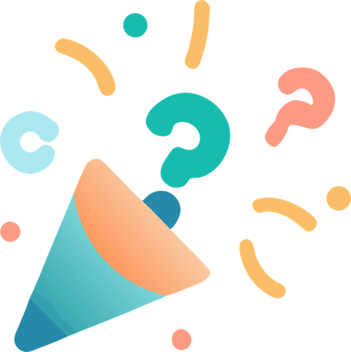 PartyCast Quiz logo — a confetti popper bursting with question marks